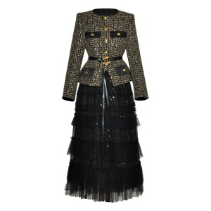 香港FLORSKIN2025秋季单排扣系带收腰上衣外套网纱半裙小香风套装